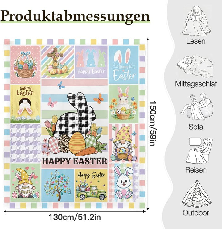 Ostern Kuscheldecke Flanelldecke Schlafdecke Geschenk 150×130CM Ostern Hase Happy easter Geschenk Os