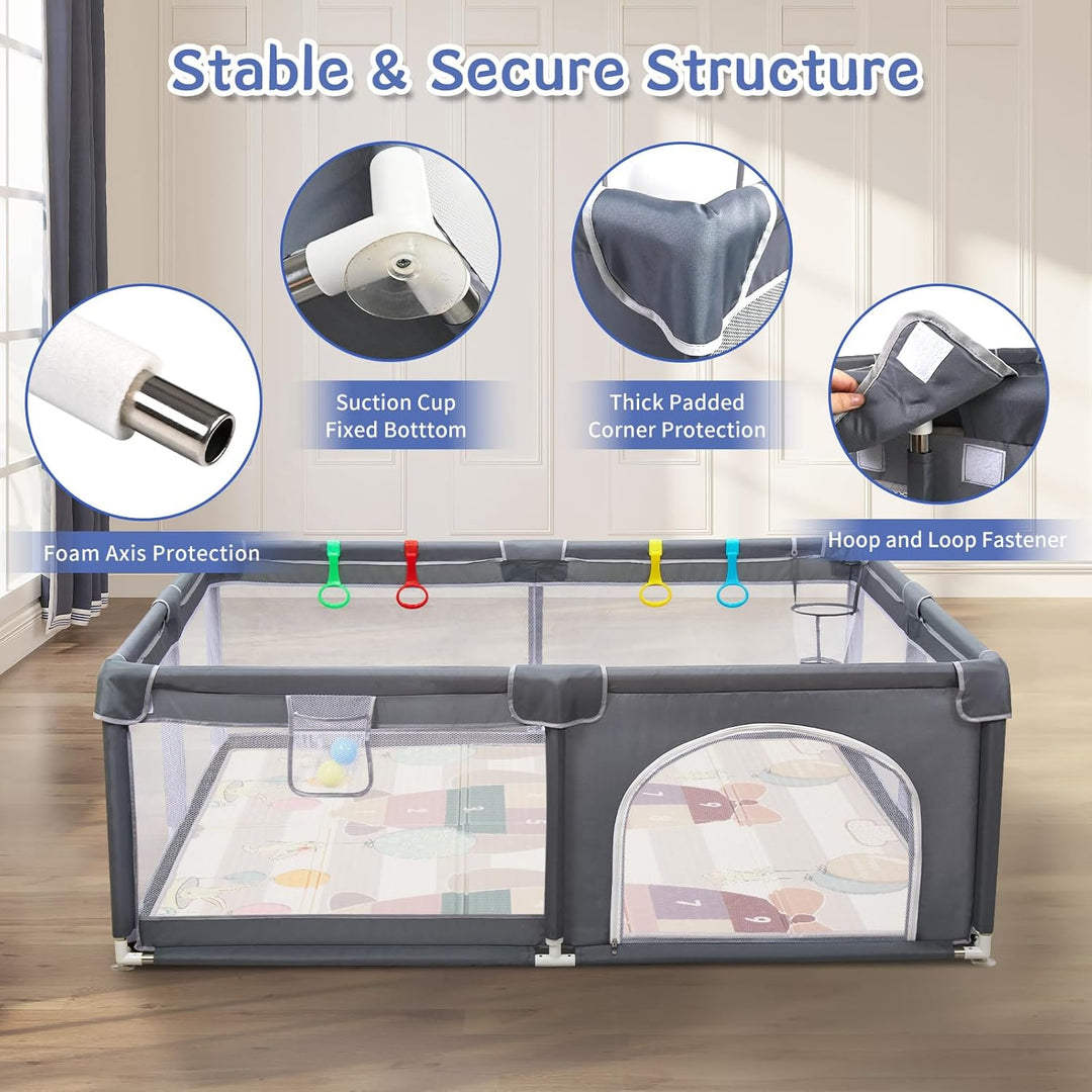 CHOLY Laufstall Baby mit Matratze 180x150 cm, Laufgitter für Babys und Kleinkinder mit sichtbarem at