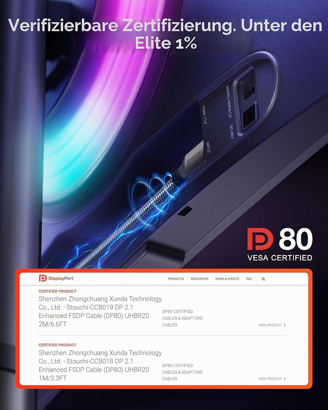 Stouchi DisplayPort Kabel 2.1 3M | 80 Gbit/s [16K@60Hz | 8K@240Hz | 4K@540Hz] HDR, HDCP, DSC 1.2a, F