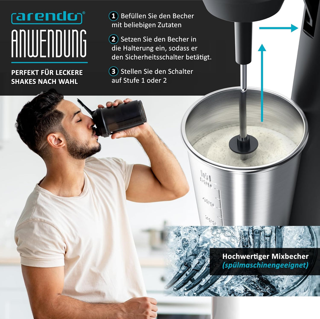 Arendo - Drink Mixer - Eiweiss Shaker - Getränkemixer - elektrischer Standmixer - 500 ml Becher - 22