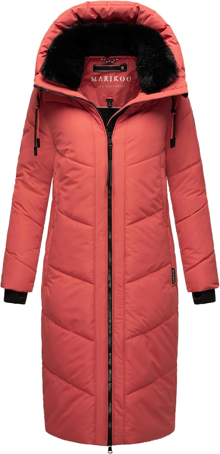 MARIKOO Damen Wintermantel Warmer Steppmantel lang mit Kapuze und abnehmbarem Kunstfellkragen Nadare