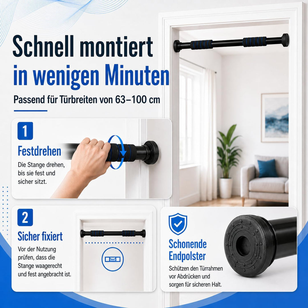 Klimmzugstange Türrahmen 63–100 cm verstellbar, Pull Up Bar ohne Bohren, Türreck Klemmstange bis 150