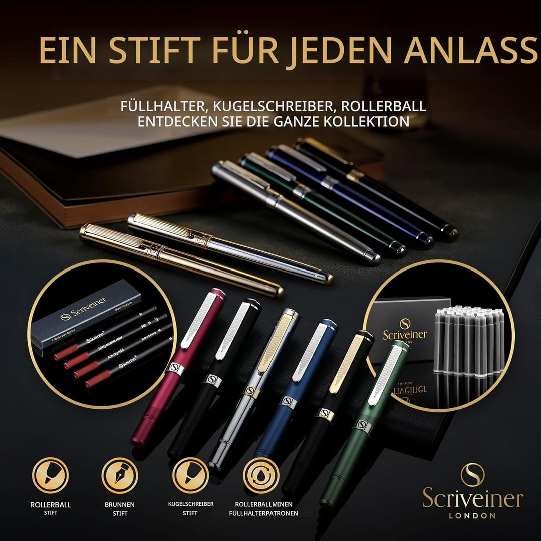 Scriveiner Tintenroller Hochwertiger Tintenroller mit Echtvergoldung, schwarze Schmidt Ersatzmine, G