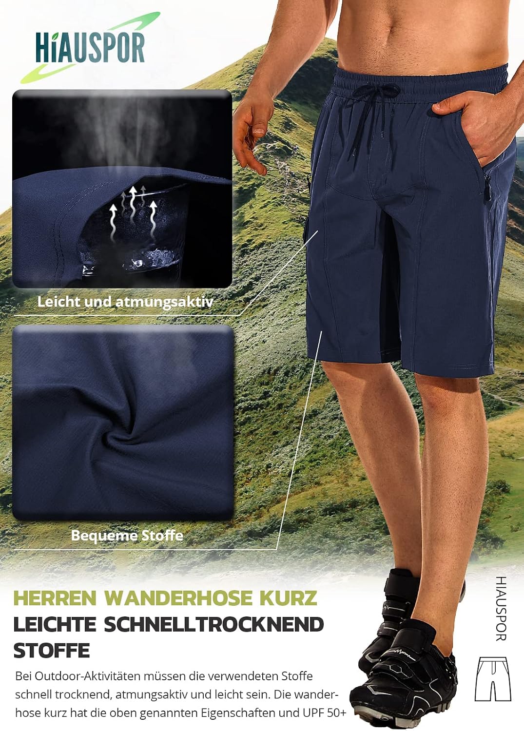 Hiauspor Cargo Shorts Herren Sommer：Wander Leicht Schnelltrocknend Stretch Bund Bermuda mit 5 Tasche