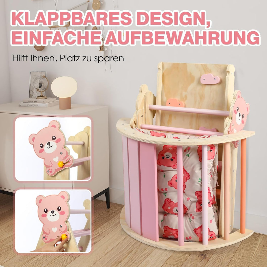 7-in-1 Montessori Kletterdreieck Set mit Rutsche, Kletterbogen & weichem Kissen – Holz Klettergerüst