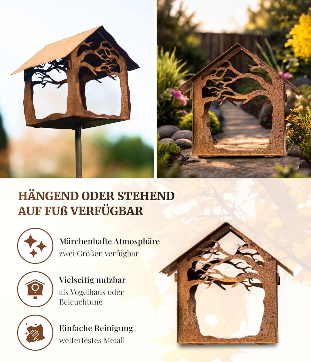Vogelhaus Woodland auf Stab (20x20x25) - wetterfest - charmantes Rostdesign - Flexibel mit Fenstern