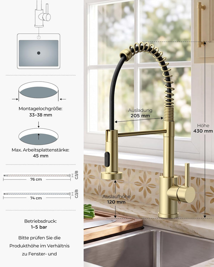 FORIOUS Wasserhahn Küche, Hoher Bogen Hochdruck Küchenarmatur mit Herunterziehen Brause Armatur, Mis
