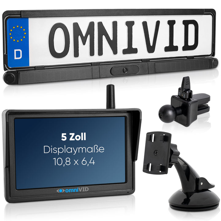omniVID® Solar6 Premium Solar 5 Zoll Rückfahrkamera-System mit Parksensoren, Kabellos mit 5 Zoll Mon