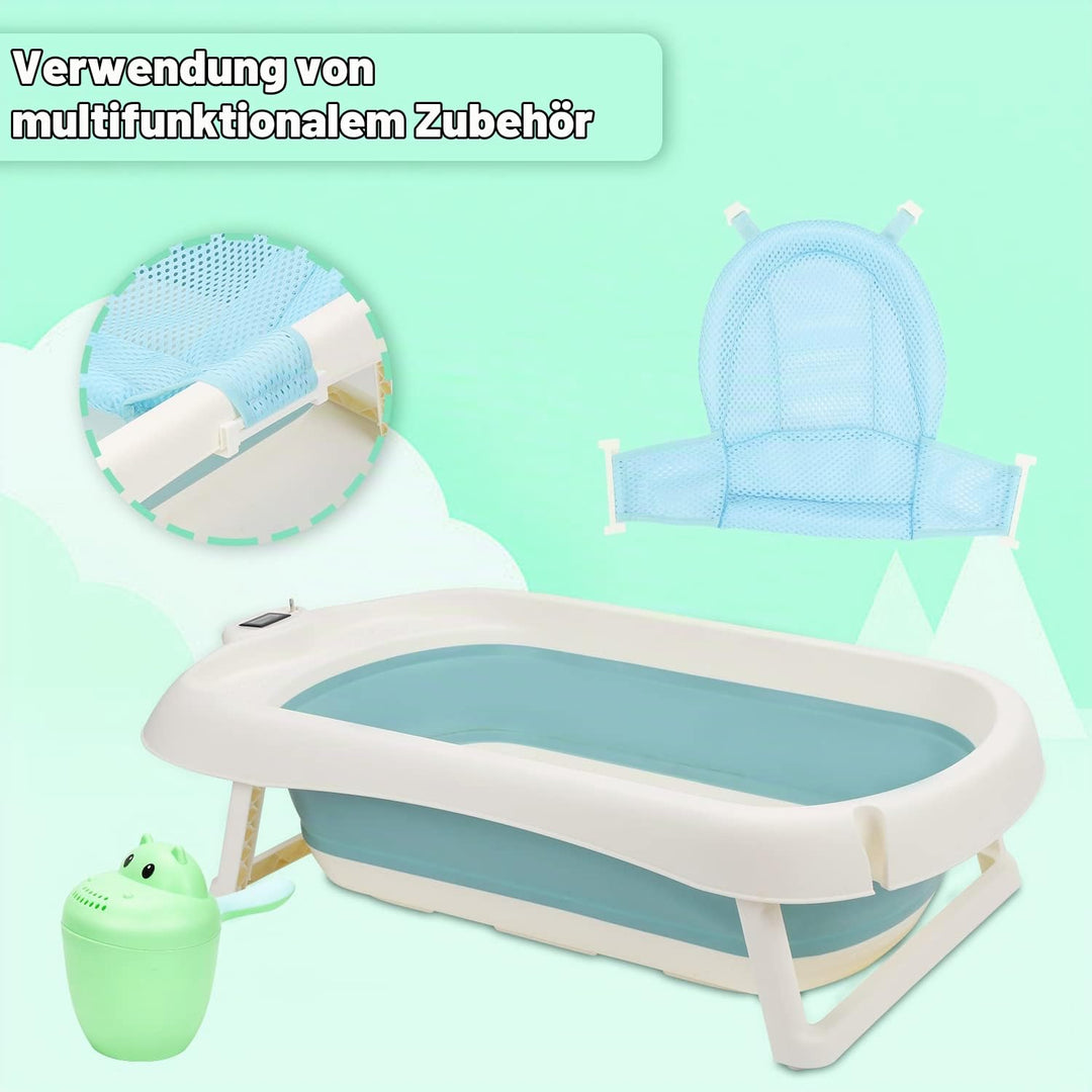 50L Baby Badewanne mit Anti Stütze und Echtzeit-Temperaturmessung, Faltbare Babywanne für Babys 0-6