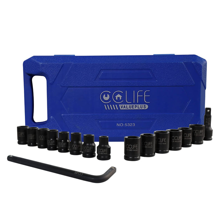 CCLIFE 16tlg 1/2' Schlagschrauber Nüsse Set, 10-24mm Cr-Mo Sechskant Kraft Nuss Steckschlüssel Schla