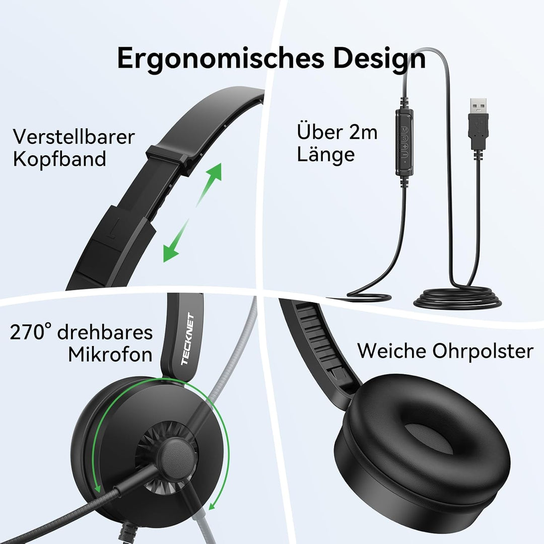 TECKNET Headset mit Mikrofon, USB Headset, kabelgebundenes PC-Headset, 2,0 m langes Kabel, Stereo-Ko