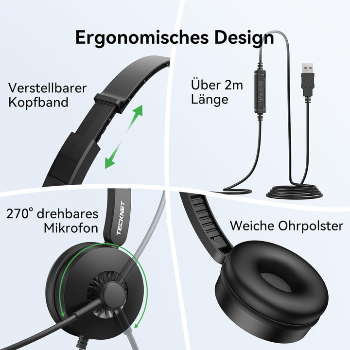 TECKNET Headset mit Mikrofon, USB Headset, kabelgebundenes PC-Headset, 2,0 m langes Kabel, Stereo-Ko
