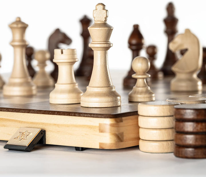 A&A Magnetic Wooden Chess Set, 38.1 cm, Folding Board, 7.6 cm, King Height German Knight Staunton Ch