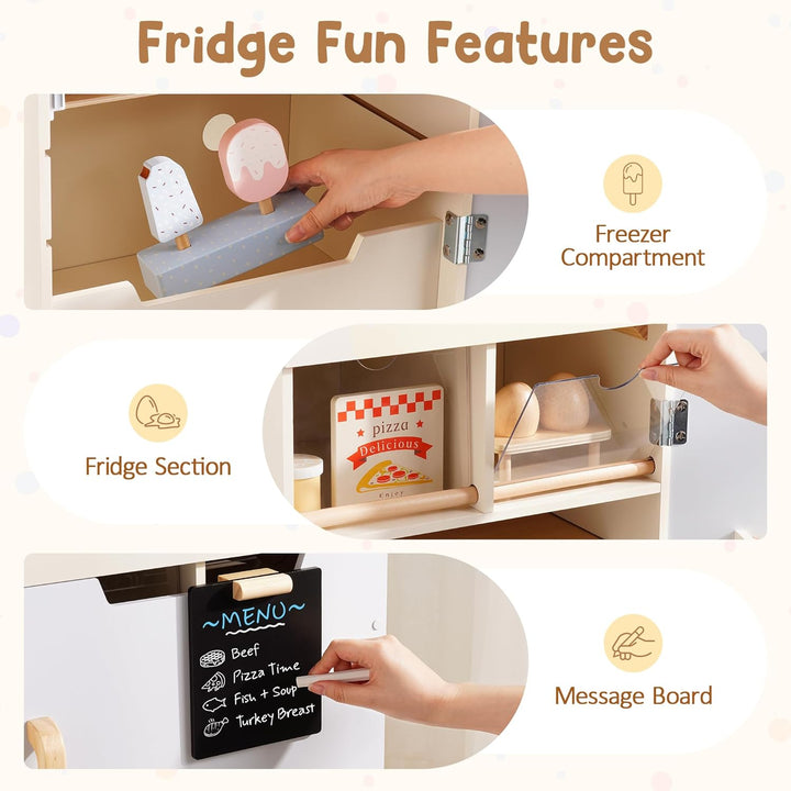 ROBUD Holzspielzeug-Kühlschrank-Set, Rollenspiel-Kühlschrank für Kinder mit Tafel, Gefrierfach, Kühl