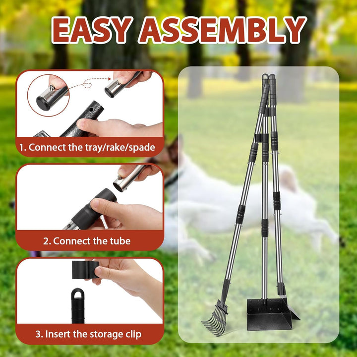 Hundekotschaufel Set mit 96cm langem Griff – Abnehmbares Metalltablett, Rechen & Spaten für grosse,