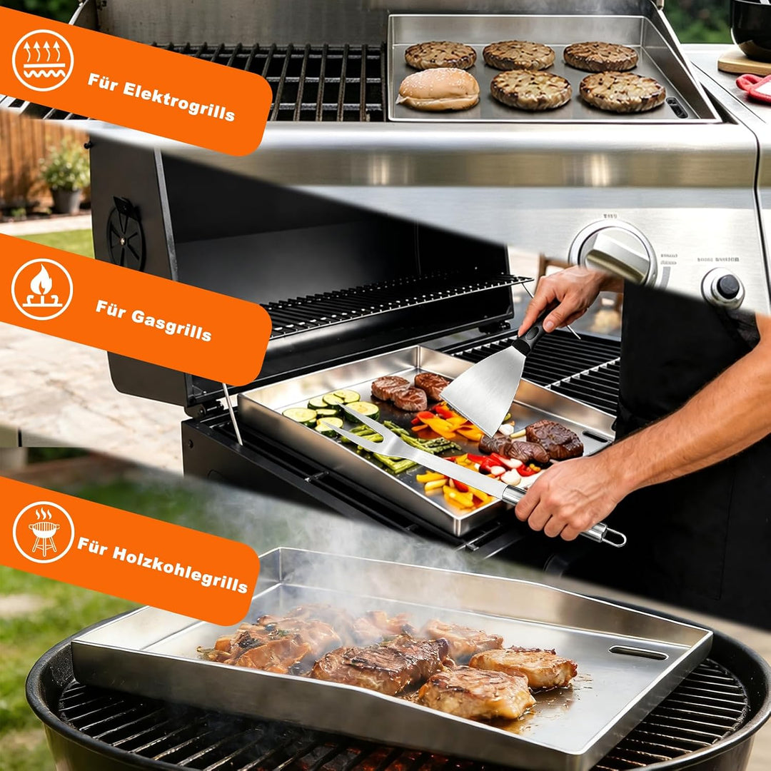 Plancha Grillplatte Set 40 x 30cm, 4mm Edelstahl Grillplatte mit 5 Stücke BBQ Grillbesteck Set Dicke