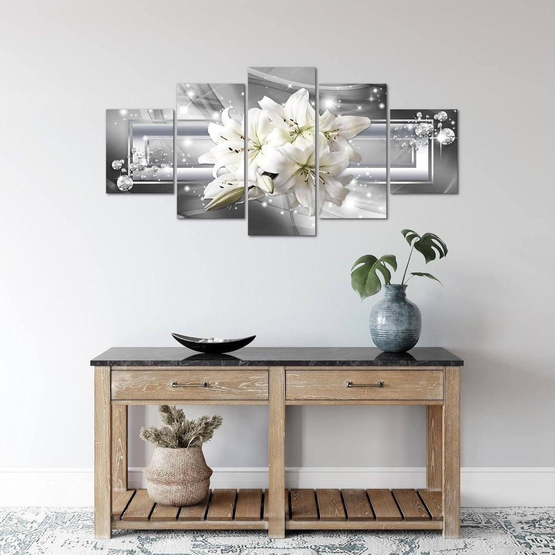 Runa Art Wandbilder Blumen Lilien 5 Teilig Bild auf Vlies Leinwand Deko Wohnzimmer Abstrakt Grau Sil
