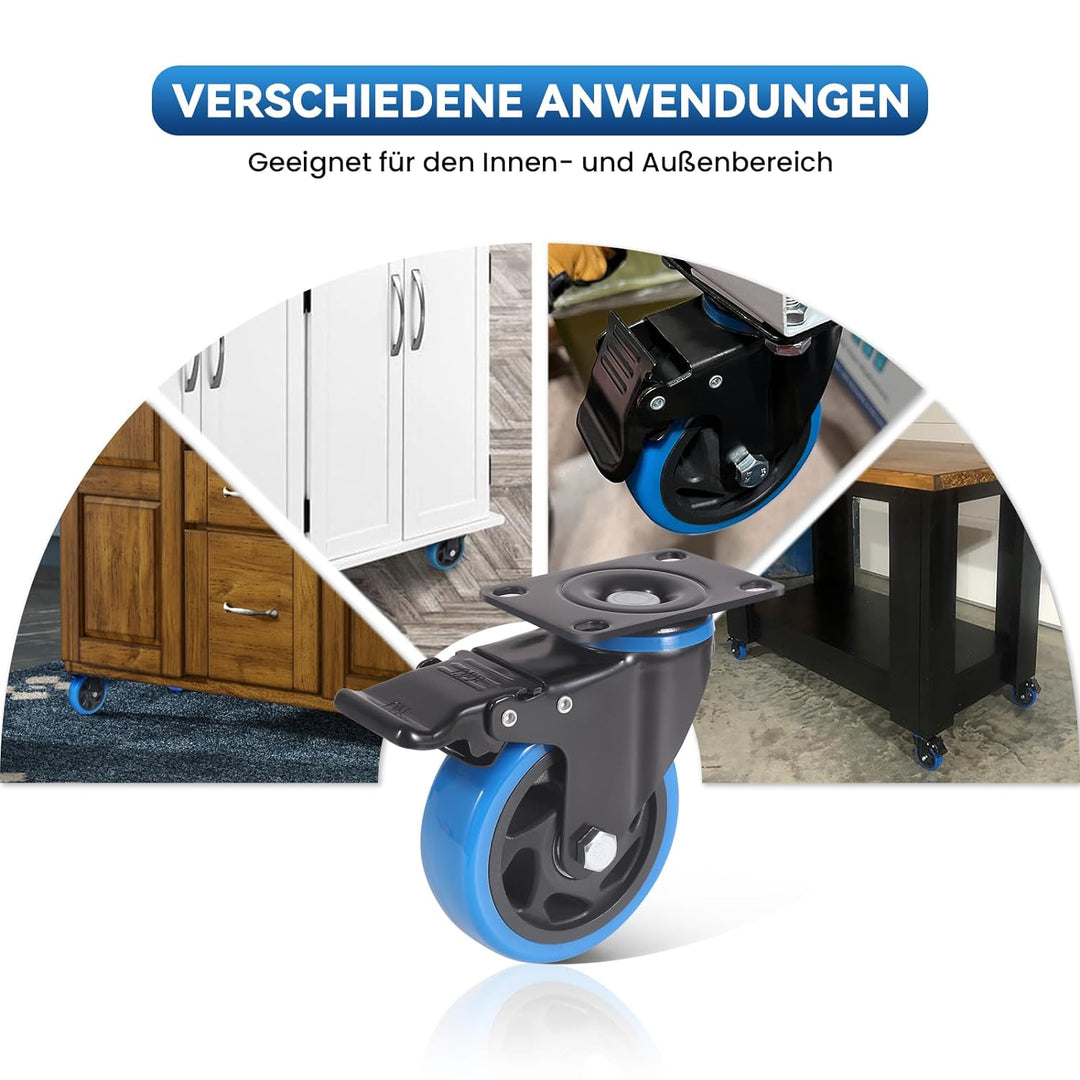 BAOLIHUI 100mm Blau Schwerlastrollen - 4er Set Lenkrollen mit Bremsen bis 600KG inkl. Montagezubehör