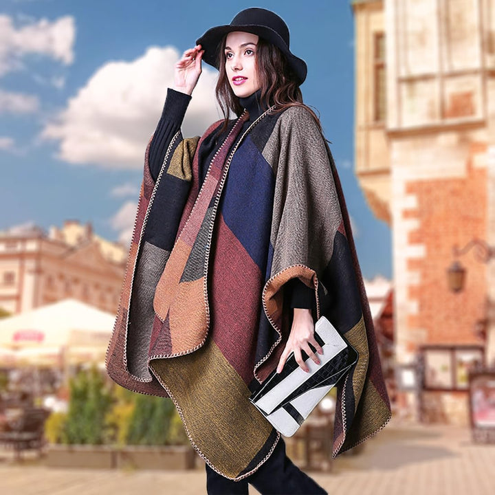 Shmily Girl - Damen Poncho Habe Gestrickt Überdimensionalen Decke Kap-Schal Plaid / Kakhi, Plaid / K