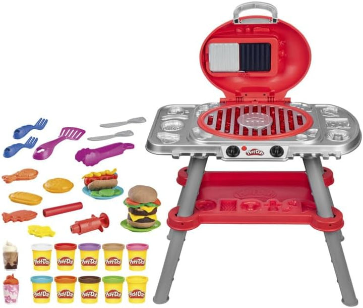 Play-Doh Grillparty Spielzeug, Grill-Station mit Formen, Accessoires und 6 Dosen Knete zum Basteln,