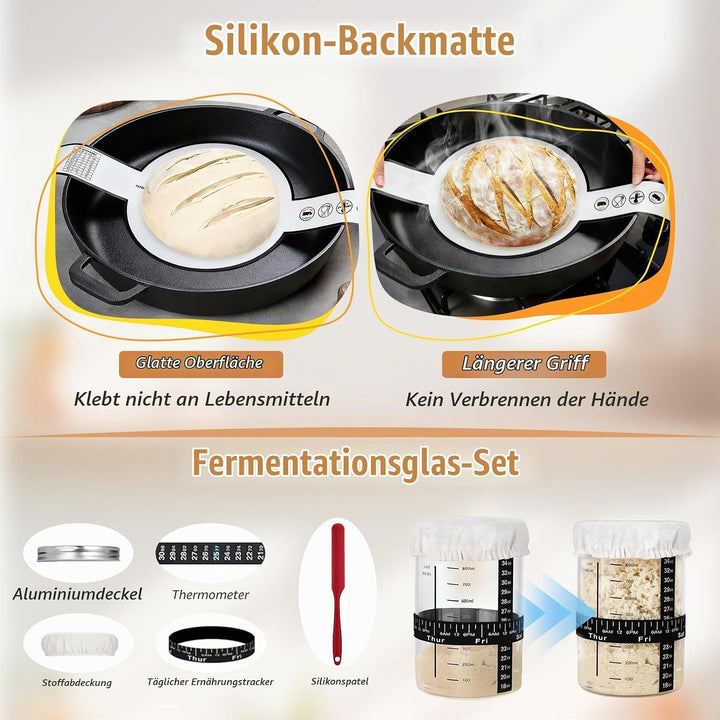 Sauerteig Starter Set 11-Teilig, 2 Gärkörbchen und Brot Backen Zubehör, Rund und Oval Brotkorb Zum B