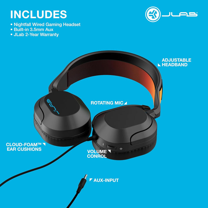 JLab Nightfall Over-Ear-Gaming-Headset mit Mikrofon für PC/Xbox/PS5/PS4/Nintendo Switch – 50-mm-Tre