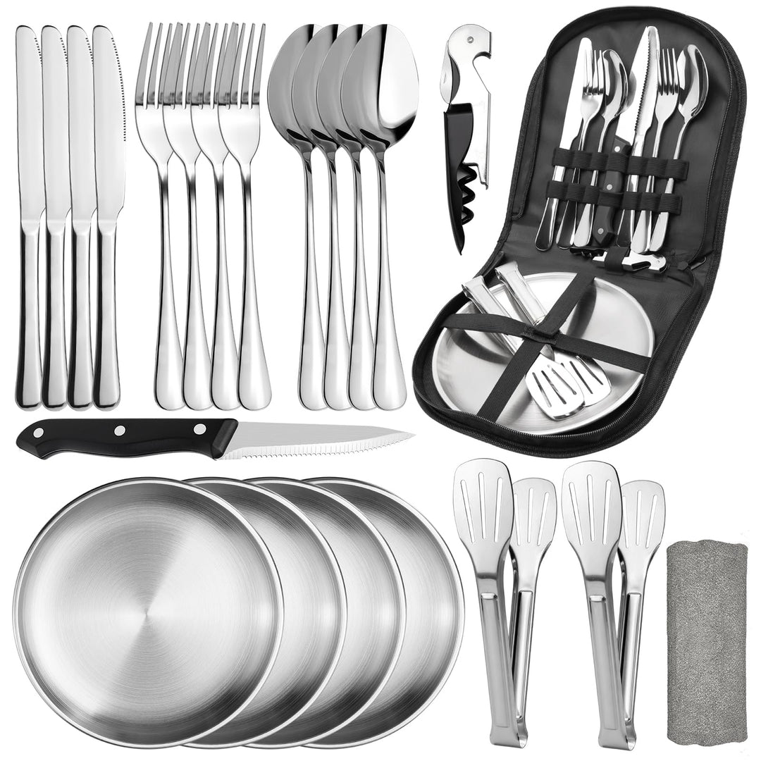 Camping Geschirr Set 4 Personen, 22 Stück Outdoor Geschirr, Besteck Camping mit Löffel, Gabel, Messe
