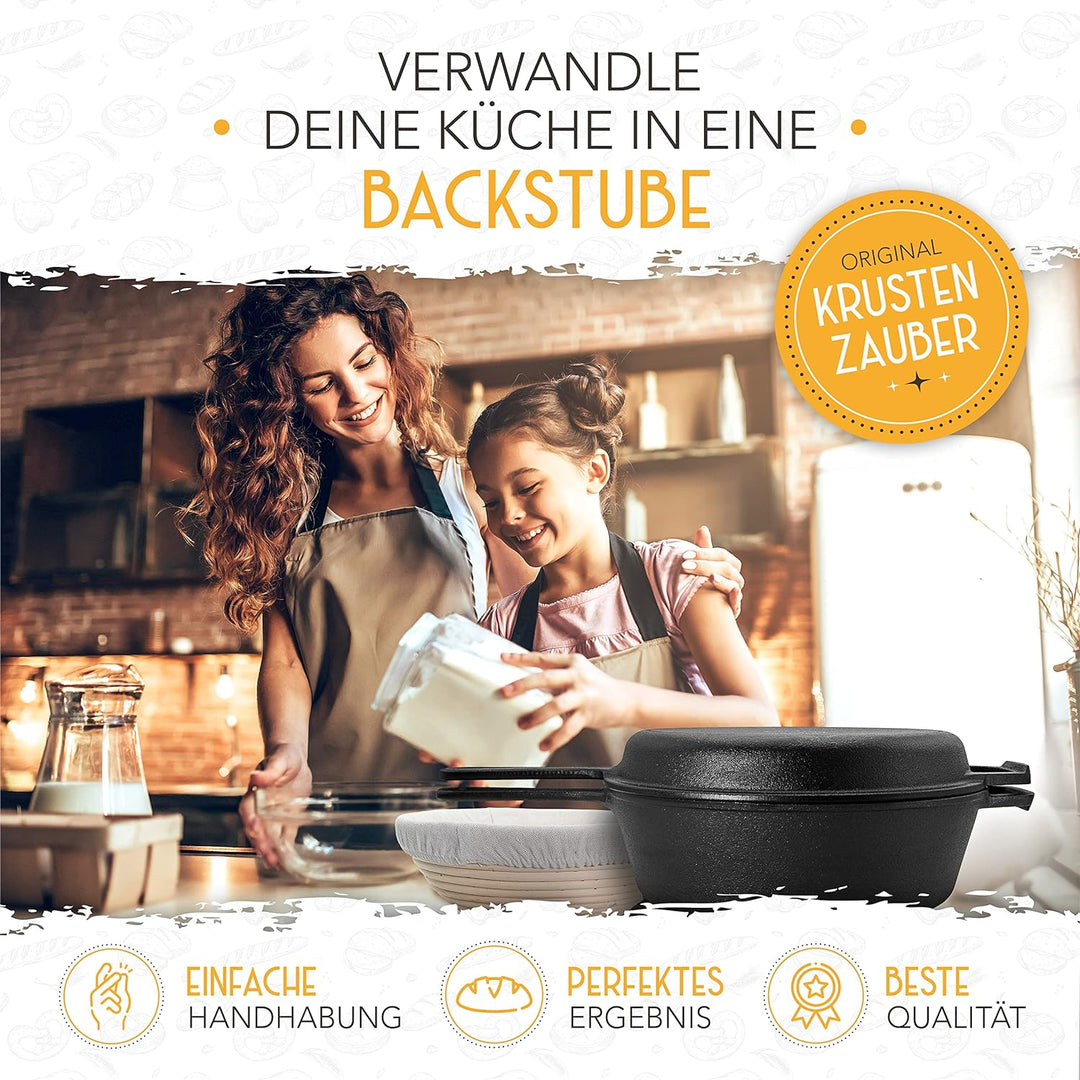 KRUSTENZAUBER 26cm Gusseisen Topf Brot Backen inkl. Gärkorb - Robuster Brottopf zum backen - Ideale