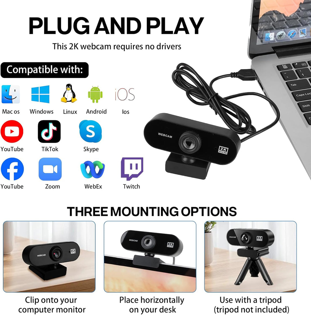 Webcam 2K 30FPS, Full HD Kamera USB PC Micro Winkel Verstellbar 80°Sichtfeld Plug and Play für Compu