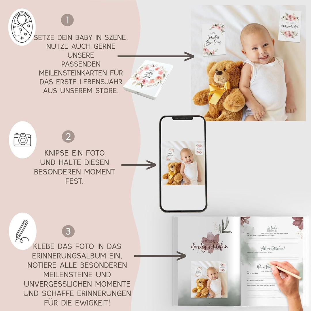 HIMMEL.HERZ.PAPIER® Mein erstes Jahr Babyalbum - Erinnerungsbuch Baby Tagebuch - Din A4 - Geschenk f