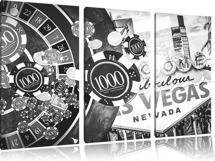 Pixxprint Las Vegas Casino Roulette Kunst B&W 3-Teiler Leinwandbild 120x80 Bild auf Leinwand