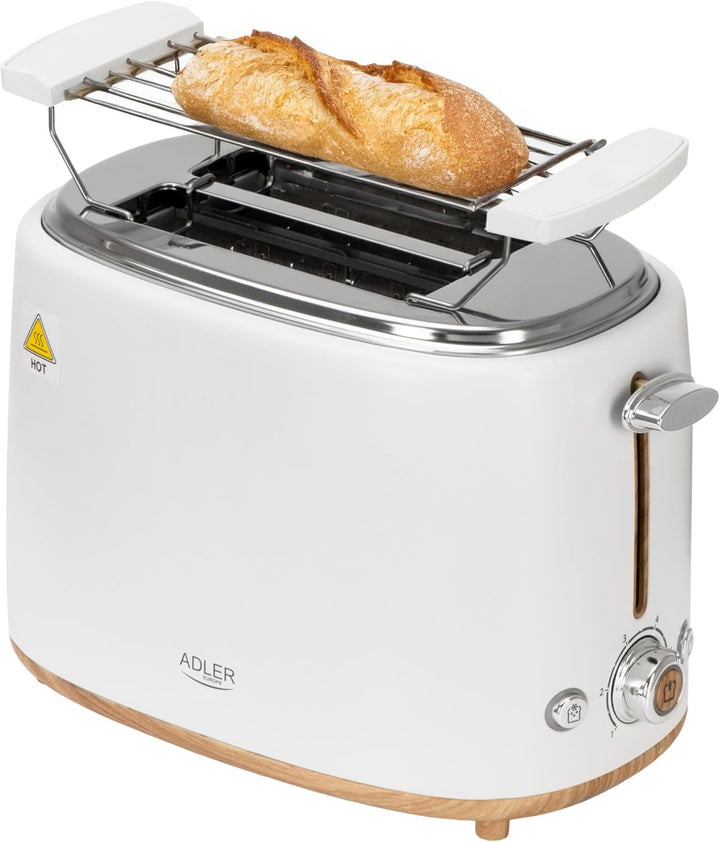 Adler Toaster Weiss für 2 Scheiben – Perfekt knuspriger Toast dank 6 Stufen & Brötchenaufsatz | Mit