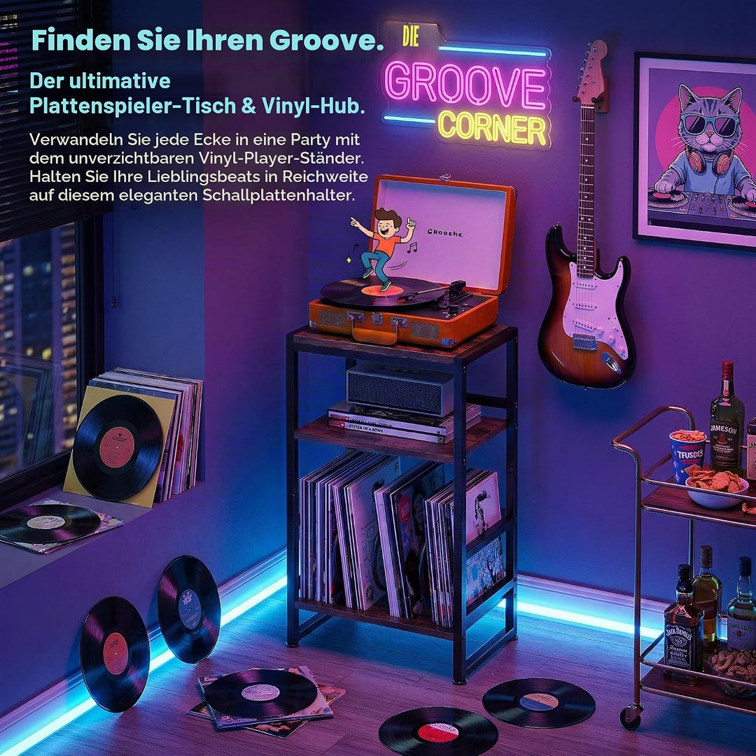 Plattenspieler-Ständer, 3 Etagen Beistelltisch,Plattenspielertisch Aufbewahrung von Schallplatten, b