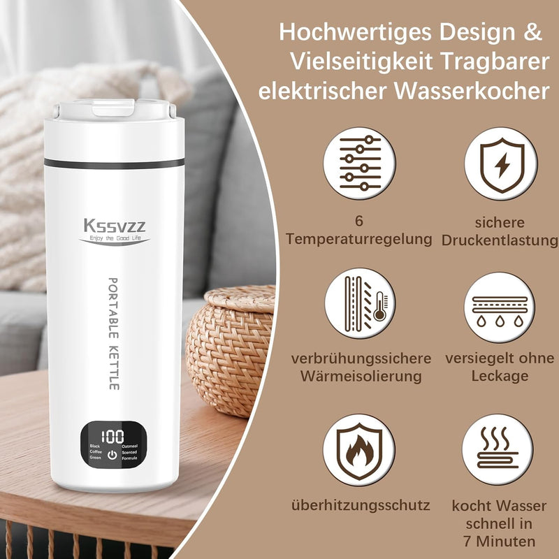 Kssvzz Reisewasserkocher Klein 450ml, Mini Wasserkocher mit 6 Temperatureinstellung, 110~240V 300W T