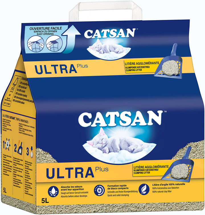 CATSAN Ultra Plus – Katzenstreu aus feinen natürlichen Tonkörnchen – 1 x 5 Liter, 5 L