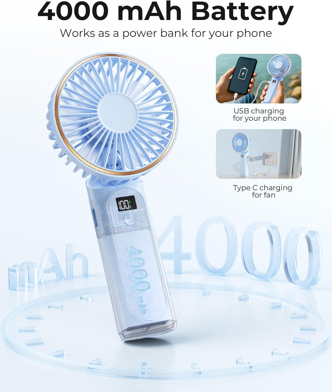 TUNISE tragbarer, wiederaufladbarer Ventilator, 4000 mAh, 180° verstellbar, 6 Geschwindigkeiten, Str