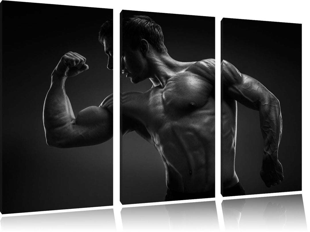 Dark Posender Bodybuilder schwarz/weiss 3-Teiler Leinwandbild 120x80 Bild auf Leinwand, XXL riesige