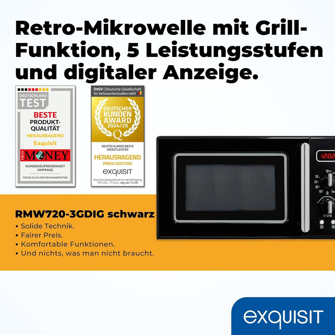 Exquisit Retro-Mikrowelle 700 Watt, 25,5 cm Drehteller, 1000 Watt Grill, 20L, 5 Leistungsstufen, Tim