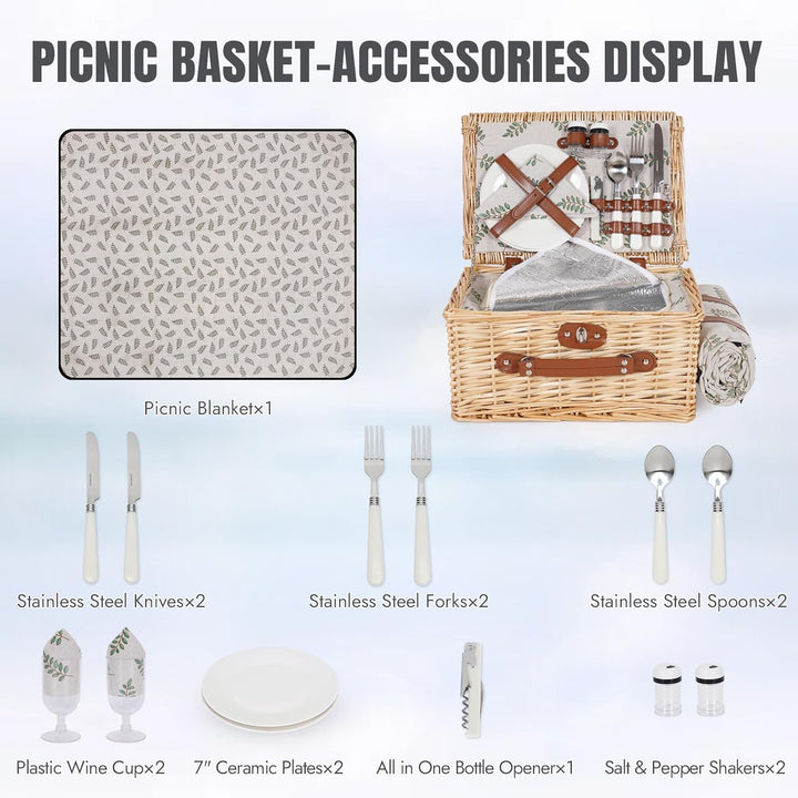 HappyPicnic Picknickkorb-Set für 2 – Weiden-Picknickkorb mit wasserdichter Decke & isoliertem Innenf
