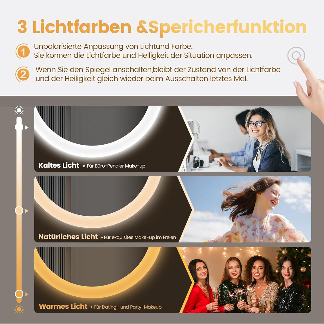 YOLEO Badzimmerspiegel mit Beleuchtung rund, Badspiegel LED mit Bluetooth-Lautsprecher, Wandspiegel
