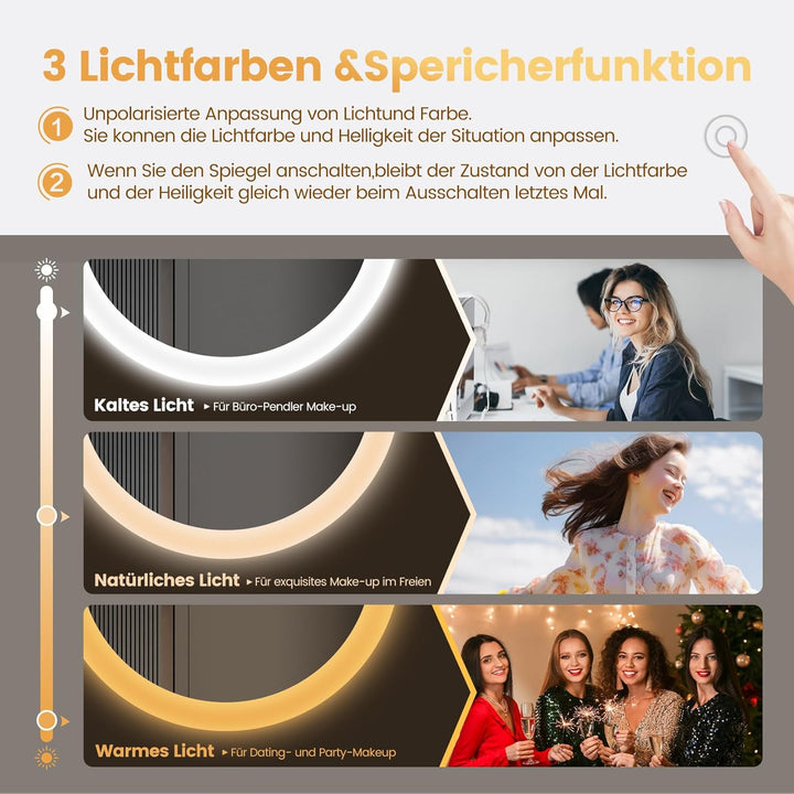 YOLEO Badspiegel mit Beleuchtung rund 70cm, Badezimmerspiegel LED mit Bluetooth-Lautsprecher, Wandsp
