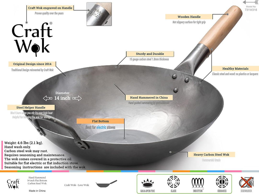 Craft Wok 731W316 Pow-Wok, flach, handgehämmerter Karbonstahl, mit Holz- und Stahlgriff, 35,6 cm, fl