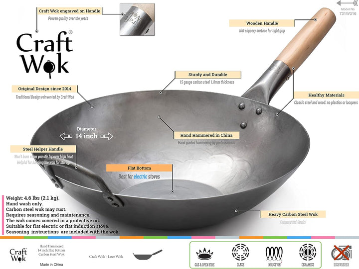 Craft Wok 731W316 Pow-Wok, flach, handgehämmerter Karbonstahl, mit Holz- und Stahlgriff, 35,6 cm, fl