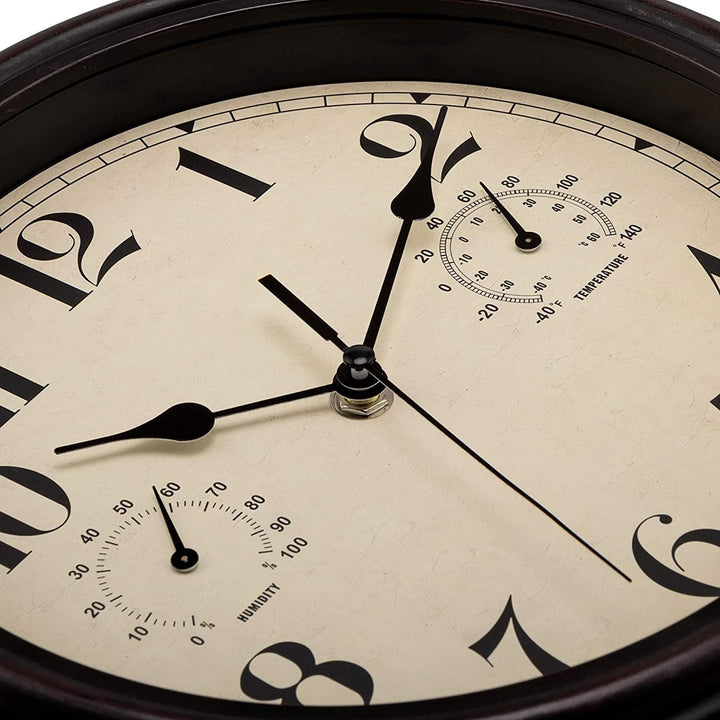 Foxtop Innen Draussen Wetterfeste Wanduhr mit Temperaturanzeige und Hygrometer, Ohne Tickgeräusche L