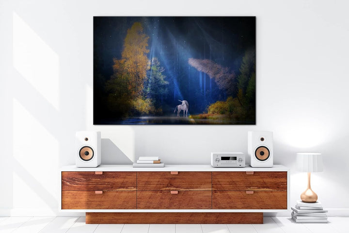 deyoli Einhorn auf einer Waldlichtung Format: 80x60 als Leinwandbild, Motiv fertig gerahmt auf Echth