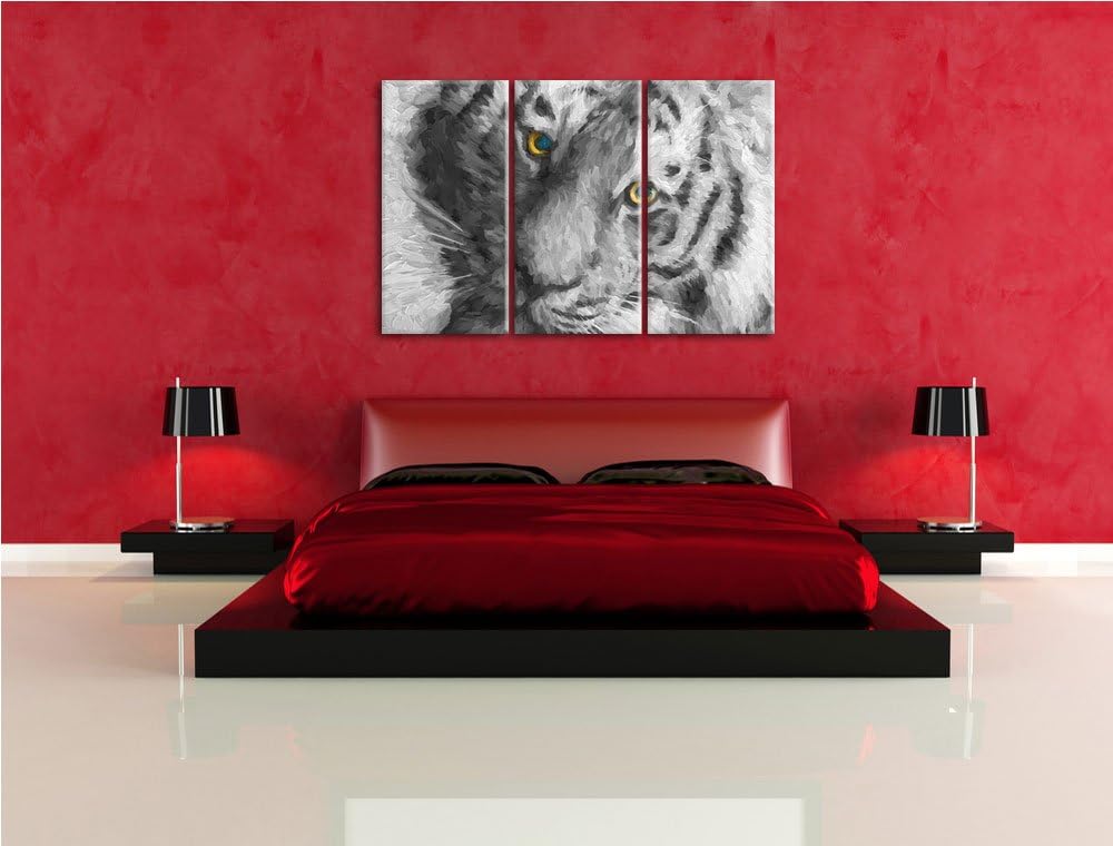 bildschöner Tiger schwarz/weiss Deluxe 3-Teiler Leinwandbild 120x80 Bild auf Leinwand, XXL riesige B