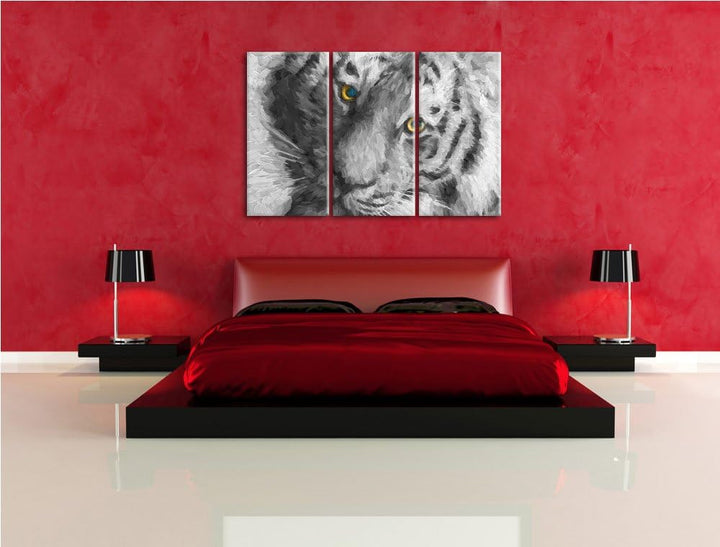 bildschöner Tiger schwarz/weiss Deluxe 3-Teiler Leinwandbild 120x80 Bild auf Leinwand, XXL riesige B