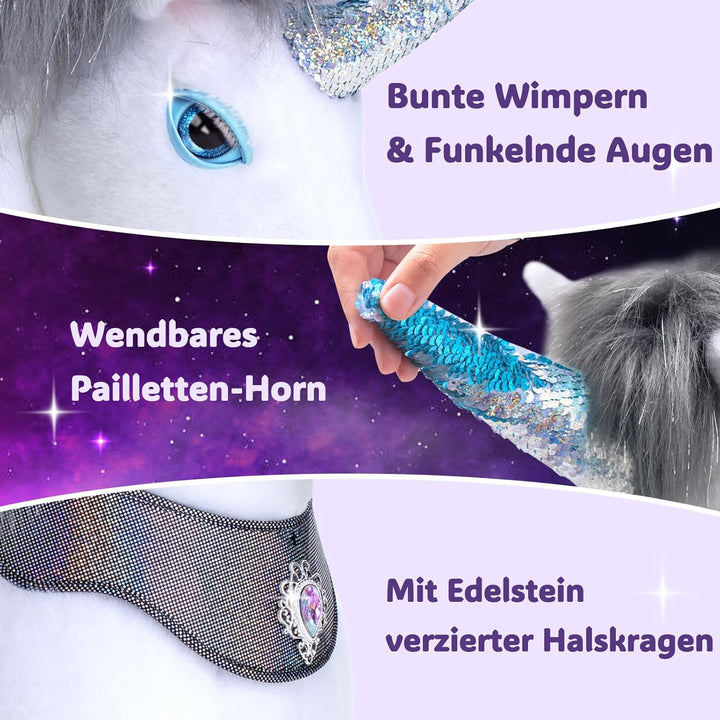 PonyCycle Modell Y Einhorn mit Rollen für Kinder 4–7 Jahre, Graues Reitbares Einhorn mit Sounds und