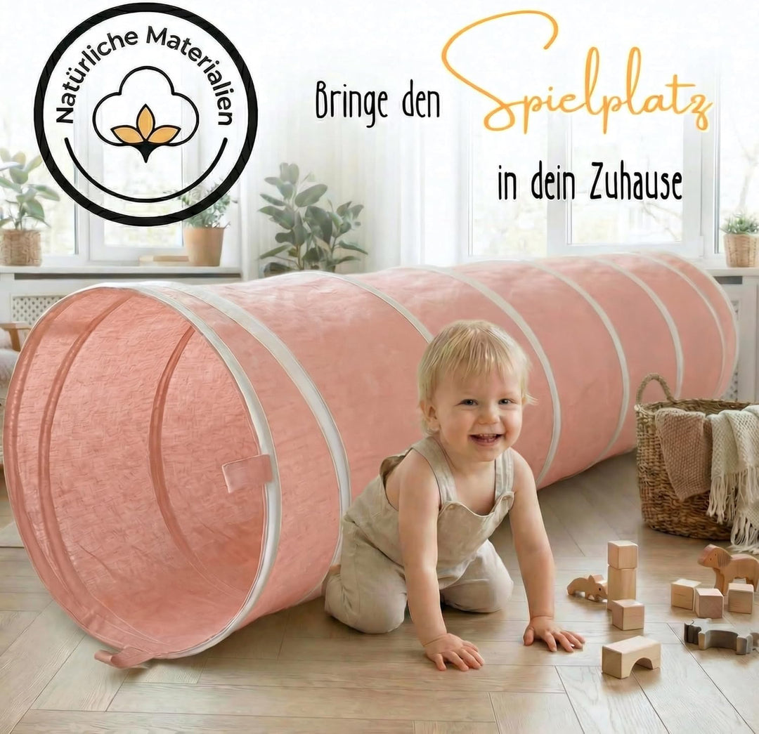 Spieltunnel für Kinder aus Baumwolle/Hanf mit Klettverschlüssen [180cm x 46cm] Krabbeltunnel für Bab