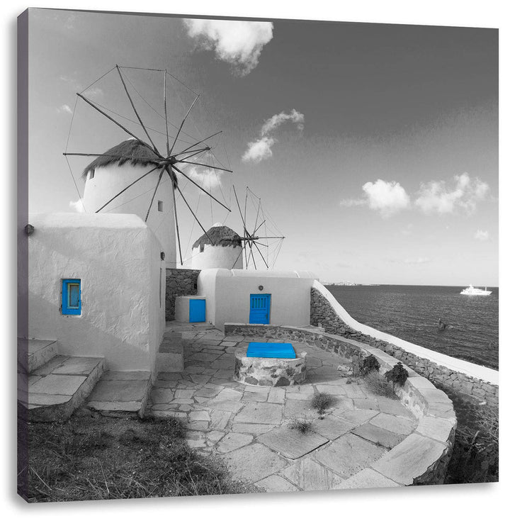 Pixxprint süsse Windmühlen im Mittelmeer schwarz/weiss, Format: 70x70 auf Leinwand, 70x70